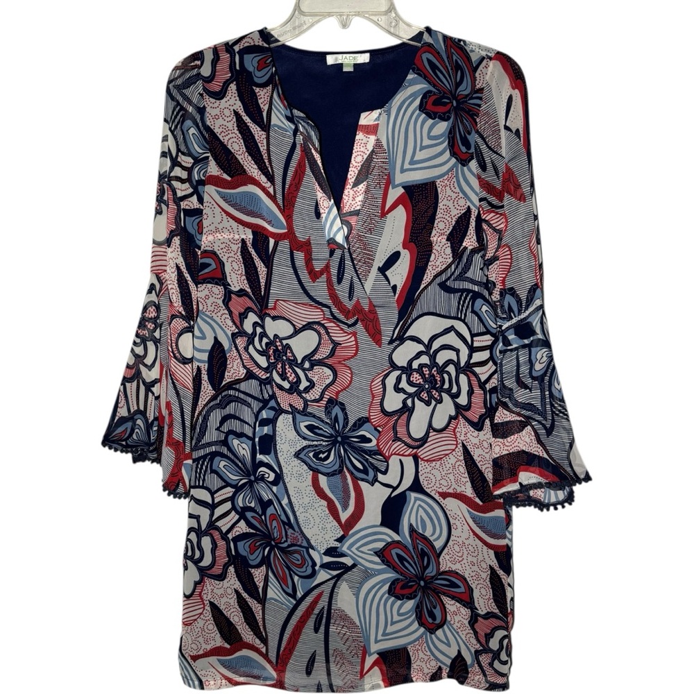 Jade Melody Tam Floral‎ Bell Sleeve Shift Dress Women's XS Navy Red Blue Boho